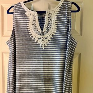 Max Studio sleeveless sundress, blue/grey and white pinstripe, NWT